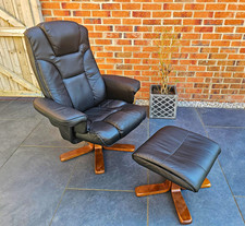 Black Leather Recliner Chair & Footstool Set, Padded Seat, Wood Base