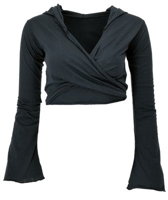 Wickeltop, Yogatop, Langarmshirt mit Trompetenärmeln - schwarz