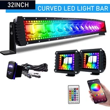 32 inch LED Light Bar RGB Chasing Spot Flood Offroad Driving Fog Lamp+4" Pods