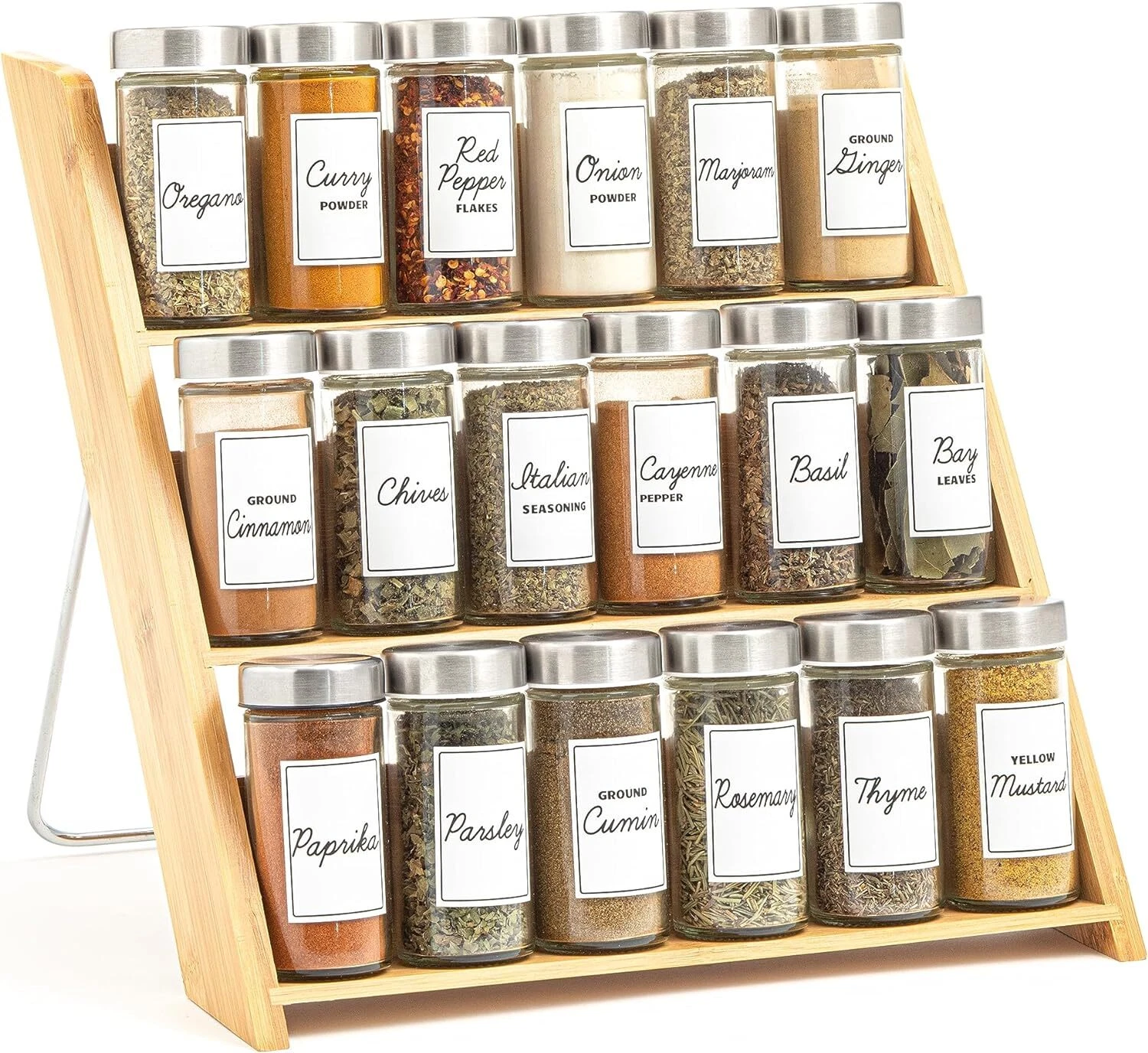 18 Jar Bamboo Compact Spice Organizer for Countertop and Kitchen Drawer, Fill...