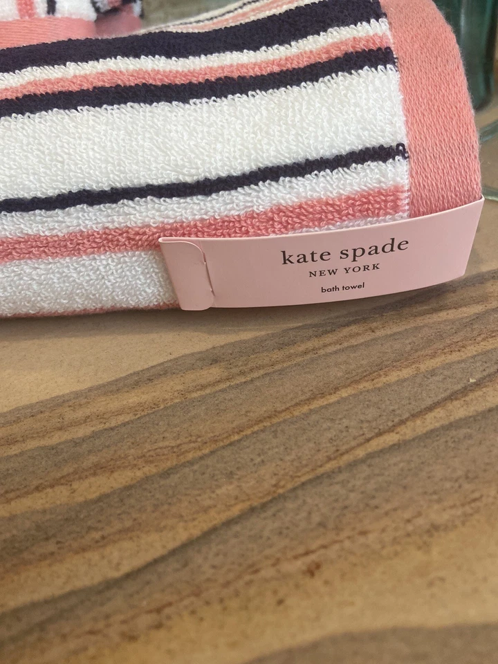 Kate Spade Coral Navy White Stripe One Bath Towel And 2 Hand Towels NWT - Image 2 of 4