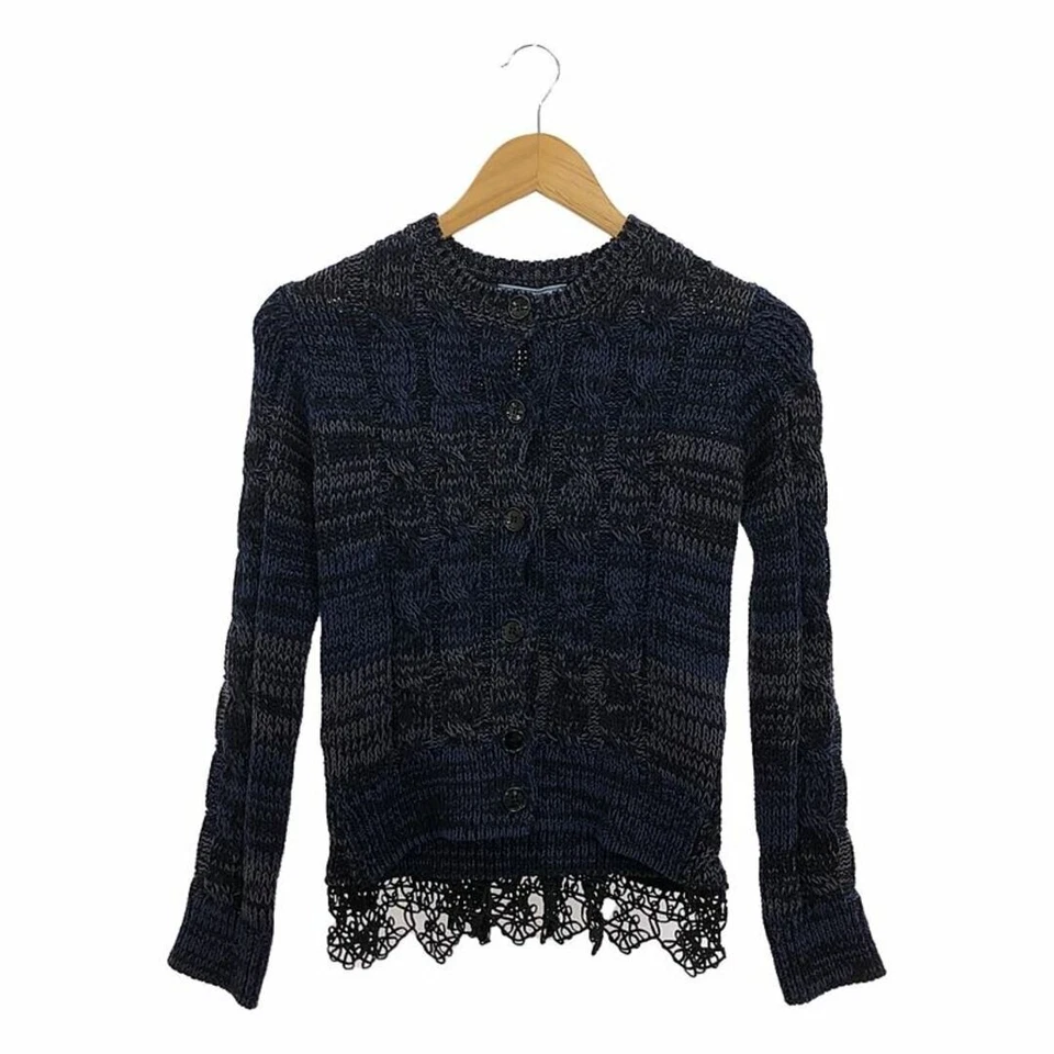 Prada Cotton Lace Embellished Cable Knit Cardigan 38 Navy Black Women's Used - Image 2 of 4