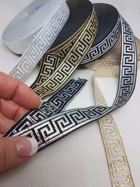 5 yards 7//8/" Gold Greek Key On White Background Woven Grosgrain Ribbon