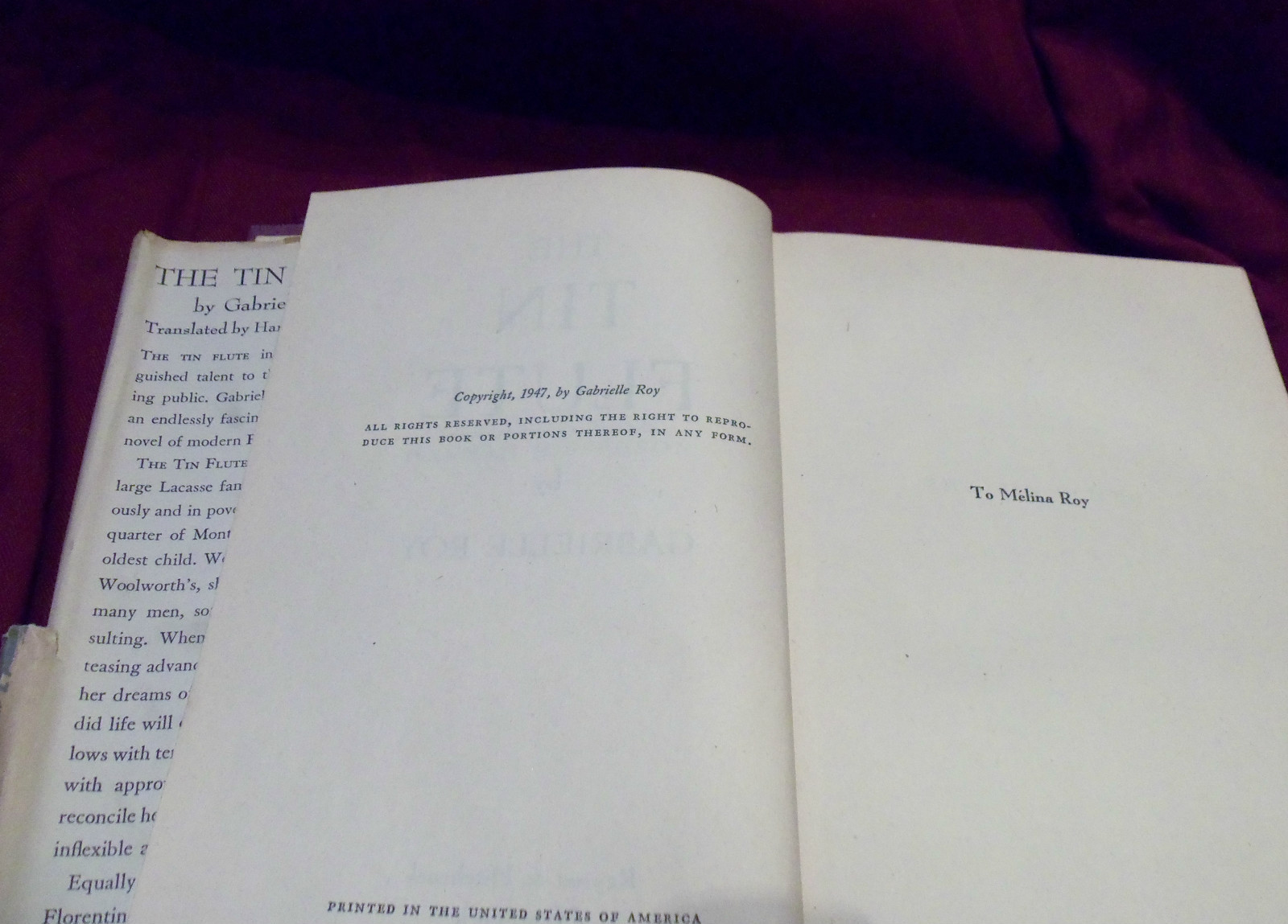 THE TIN FLUTE A BITTER SWEET LOVE STORY GABRIELLE ROY 1947 HARDCOVER