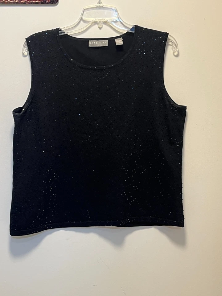 Chaleco Suéter KATE HILL Para Mujer Negro Mezcla Seda Con Cuentas Brillante Sin Mangas Talla L Foto 3 de 4