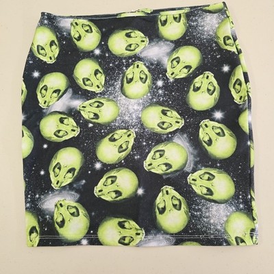 Iron Fist Alien Skull Galaxy Mini Skirt M Green Goth Space Print Y2K Festival