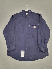 Carhartt FR Work Shirt Mens Large Navy Blue Flame Resistant Twill Long Sleeve
