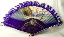 Spanish Hand Fan Car Angel Woman Purple Silk Goldfish Mother of Pearl 1920s OB