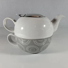 FORLIFE Tea for One Stackable Pot & Mug W/ Infuser Gray-White For Bags Or Loose 