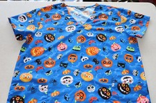 Serene Uniforms Scrub Top Halloween Size XL Blue Pumpkins D a de Muertos