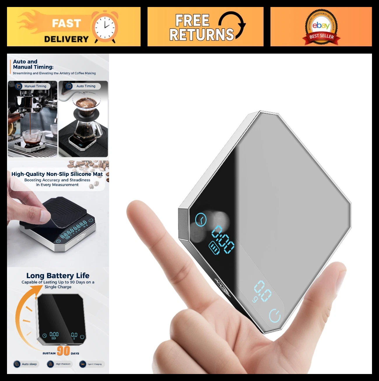 High Precision Digital Coffee Scale with Timer, 0.1g Accuracy, 2kg Capacity, Wat