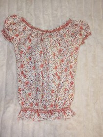 Nuon Women's Cotton Smocked Floral Short Sleeve Elastic Waist Blouse Small