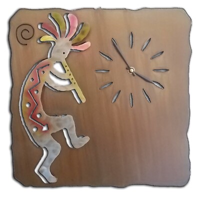 Kokopelli Flute, Southwest Cut Out Clock, Sunset Swirl Finish, Steel, Metal Wall