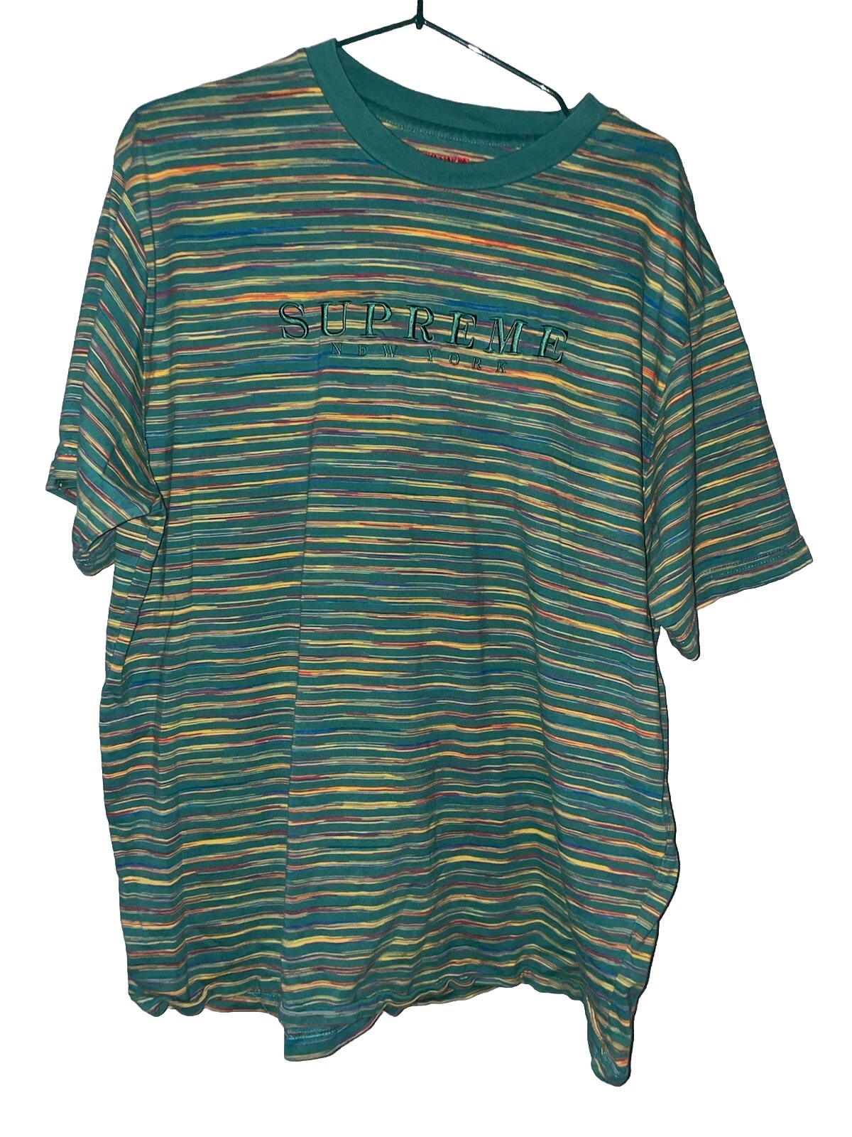 T shirt vert à rayures statiques Supreme New York taille XL à manches courtes d'occasion
