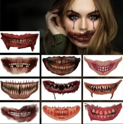 🎃 🤡 Halloween Mouth Temporary Tattoo Stickers 10pcs Scary Clown Face 🤡 🎃