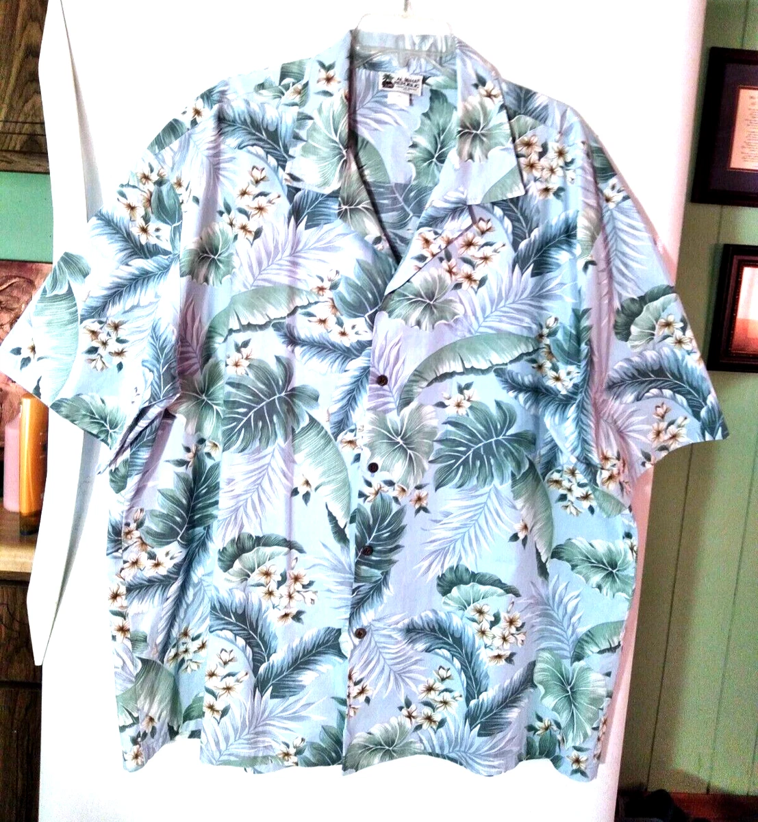 VINTAGE ALOHA REPUBLIC BLUE FLORAL LEAF PRINT HAWAIIAN CAMP SHIRT
