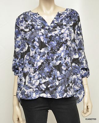 Nwt MAX STUDIO 3/4 Blouson Sleeve Split V-Neck Blouse Shirt Top Tunic Blue S