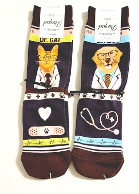 NEW 2 Pair Parquet Brand Doctor Novelty DOG & CAT Crew Socks, Sock Size 9-11