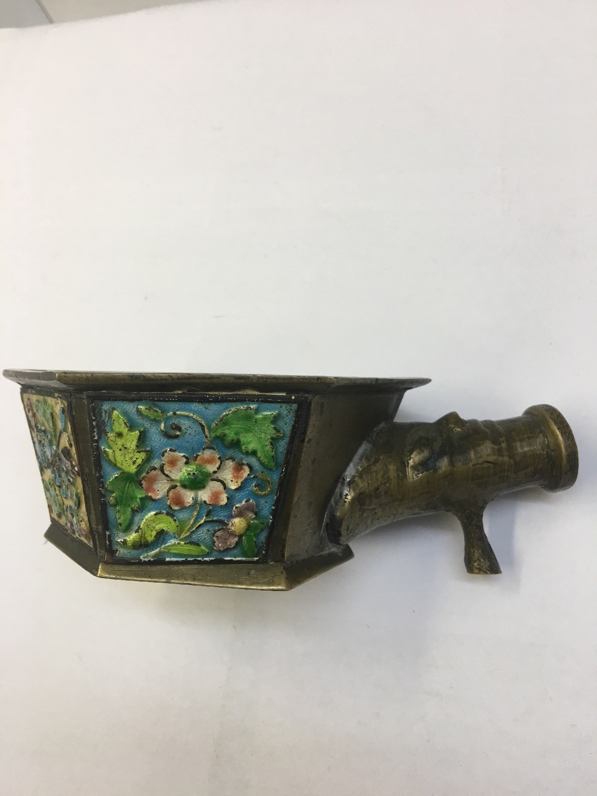 Vintage Coal Scoop Cup Brass Frame Flower Garden Enamel Cloisonne China
