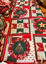 Vtg WAMSUTTA CHRISTMAS SQUARES WREATHS MISTLETOE HEARTS Cotton Fabric PANEL 35”