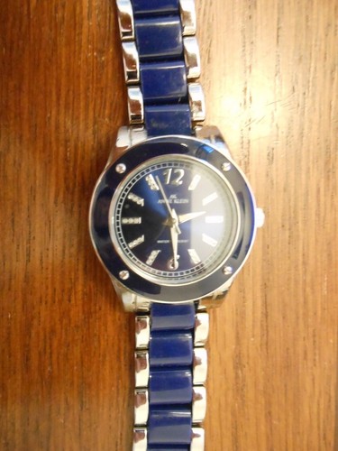 anne klein navy & silver swarovski crystals water resist watch