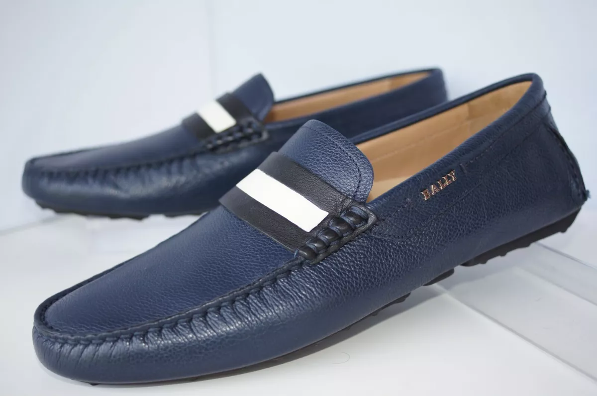 New Bally Men s Shoes Dracon Size 10.5 Blue Loafers Leather