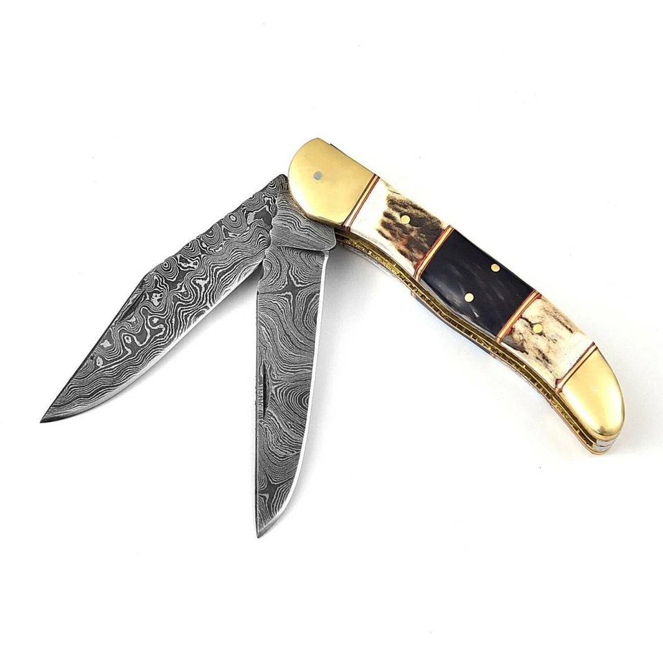 Double Blade Guild Stag Damascus Steel Pocket Knife | Buffalo Horn Insert+Sheath - Image 3 of 4