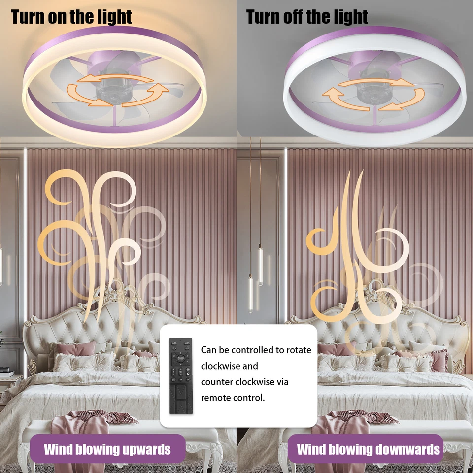 20 inch Ceiling Fan Light Modern Purple Flush Mount with APP Remote Control Kit - Image 4 of 4