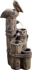 Nautical 3 Tiered Floor Waterfall Fountain with Pelican and Wooden Post, Pump fo