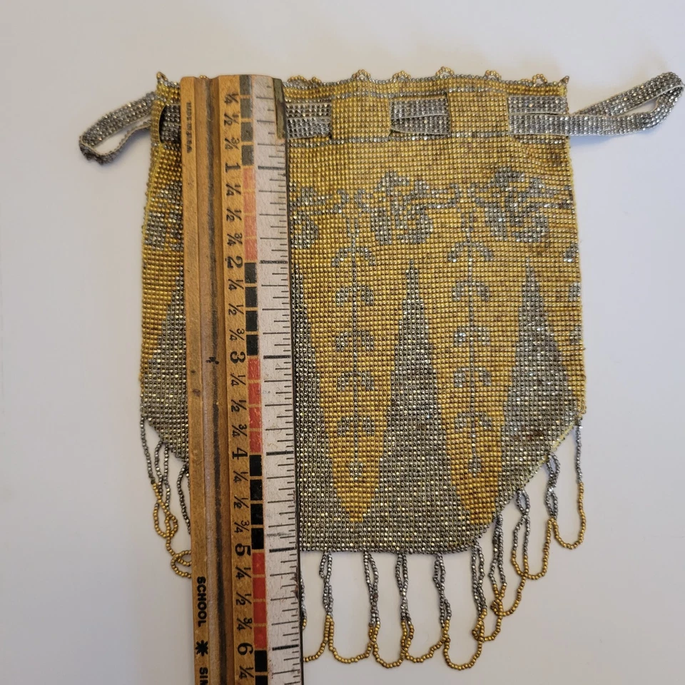 Antique Original Beaded Flapper French Cut Steel Drawstring Bag Deco Purse - Image 4 of 4