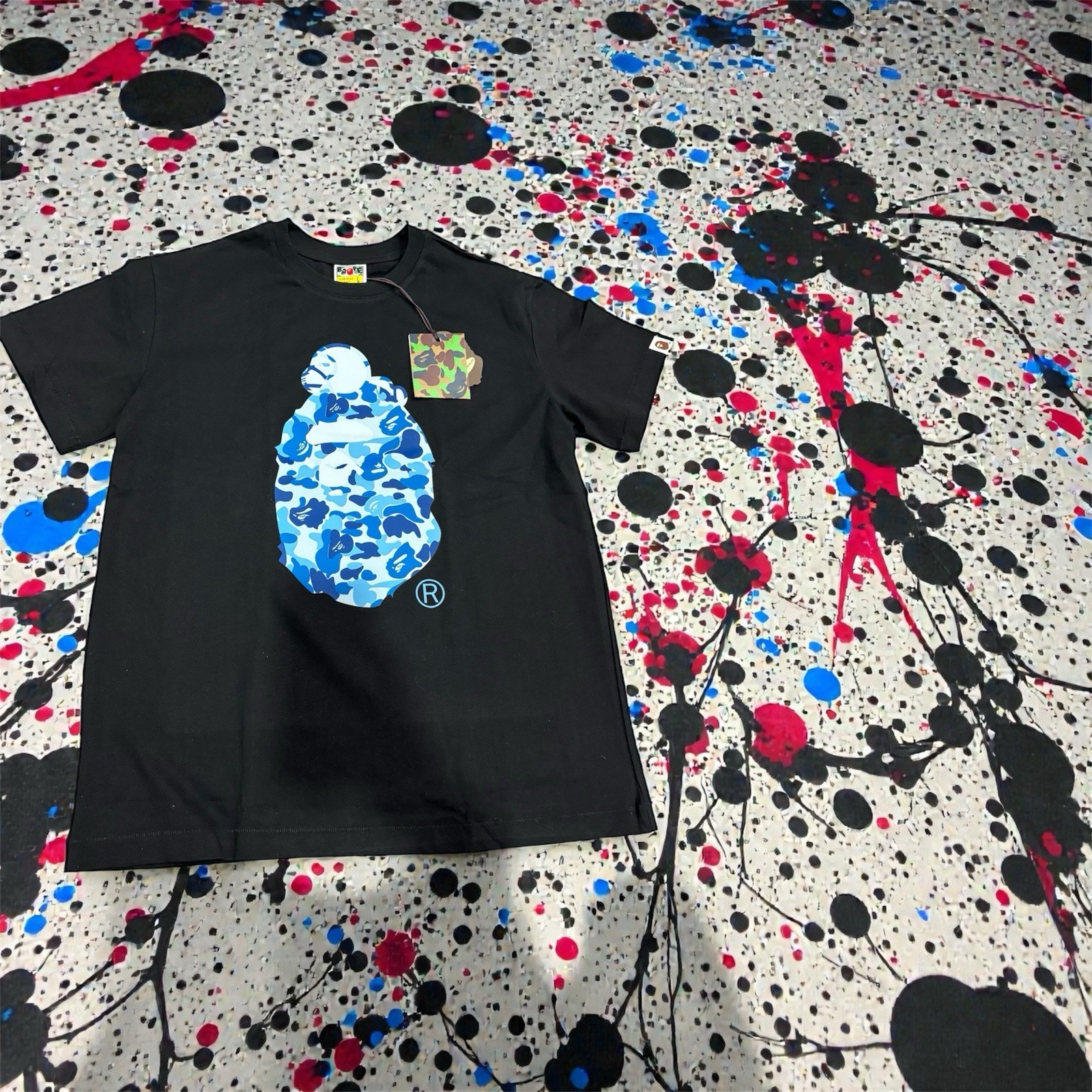 A Bathing Ape Black Blue White T-Shirt Blue Camo Ape Animation Graphic