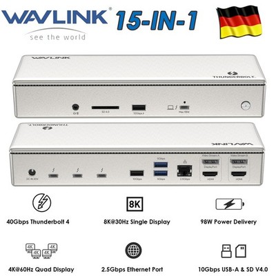 WAVLINK Thunderbolt 4 Dockingstation 15-in-1 Quad Display 98W 40Gbps 2.5G RJ45