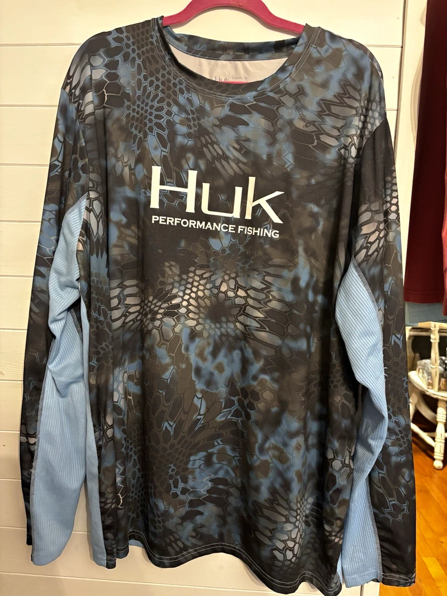Camiseta Huk Performance Pesca Para Hombre XXL Azul/Negro Camuflada Manga Larga Malla Crew
