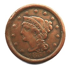 1854 N-19 Braided Hair Large Cent VF,  Very Strong Die Crack (N-19c)