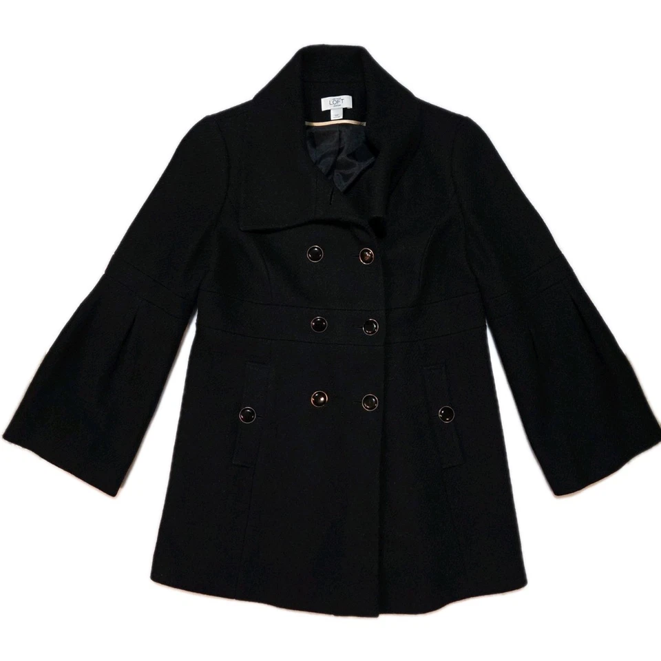 Abrigo Ann Taylor Negro Mezcla Lana Doble Pecho Guisante Mangas Campana Mujer Talla 12P Foto 4 de 4