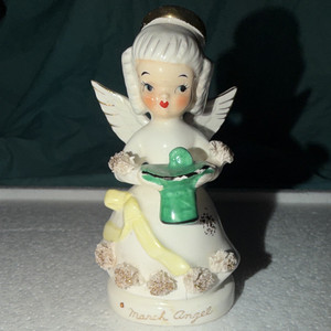 Japanese Hand Painted Ceramic & Porcelain Angel Figurine Glossy White Green Gold