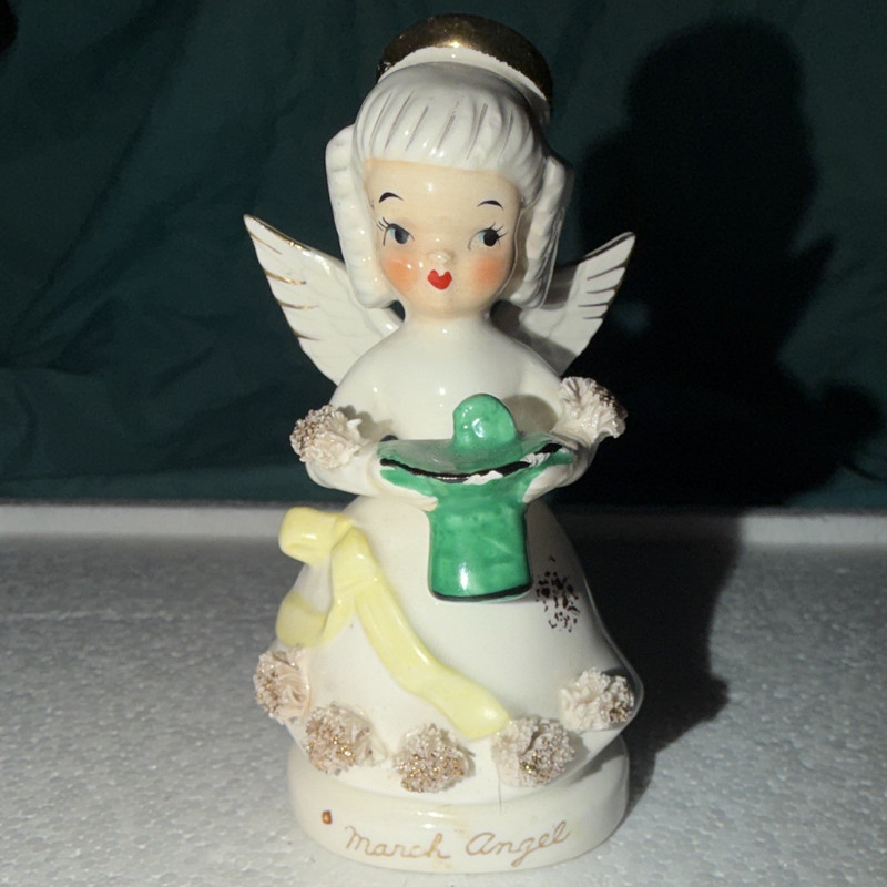 Japanese Hand Painted Ceramic & Porcelain Angel Figurine Glossy White Green Gold