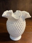 Vintage Fenton Hobnail Milk Glass Ruffled Crimped Edge 6" Vase