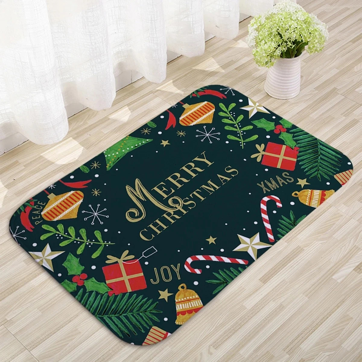 Merry Christmas Doormat – Festive Holiday Welcome Mat with Gifts and Greenery