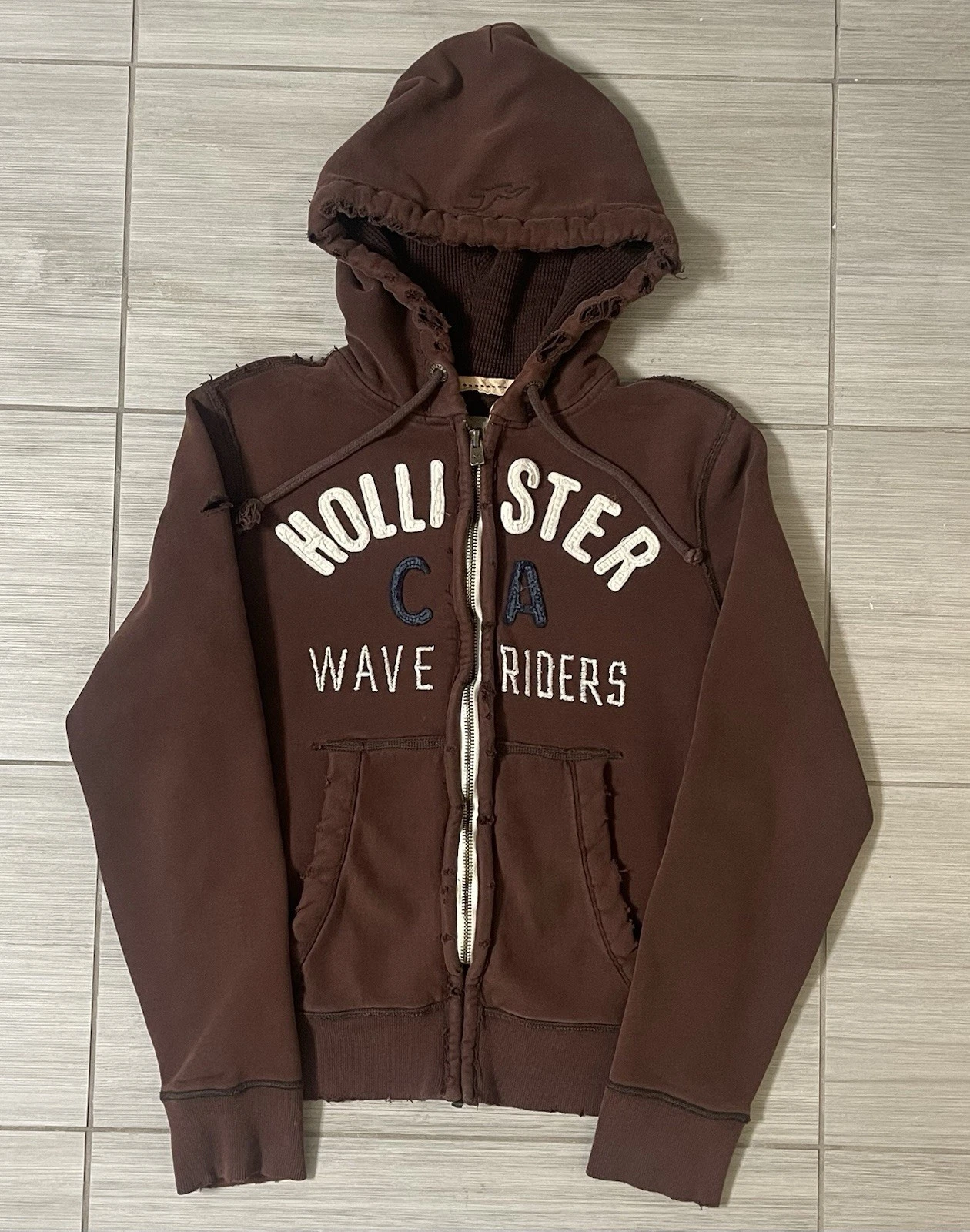 VTG Y2K Hollister Wave Riders Embroidered Distressed Full Zip Hoodie Mens Medium