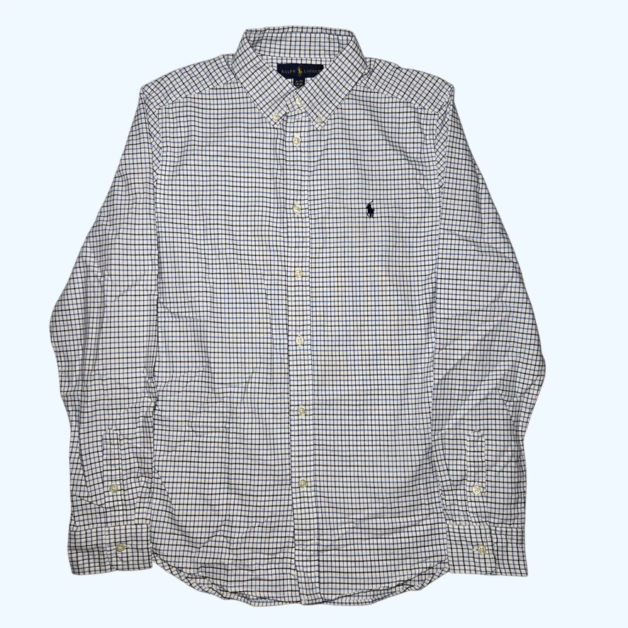 Camisa Ralph Lauren masculina tamanho XL (18-20) azul branca preta xadrez com botões Preppy - Imagem 2 de 4