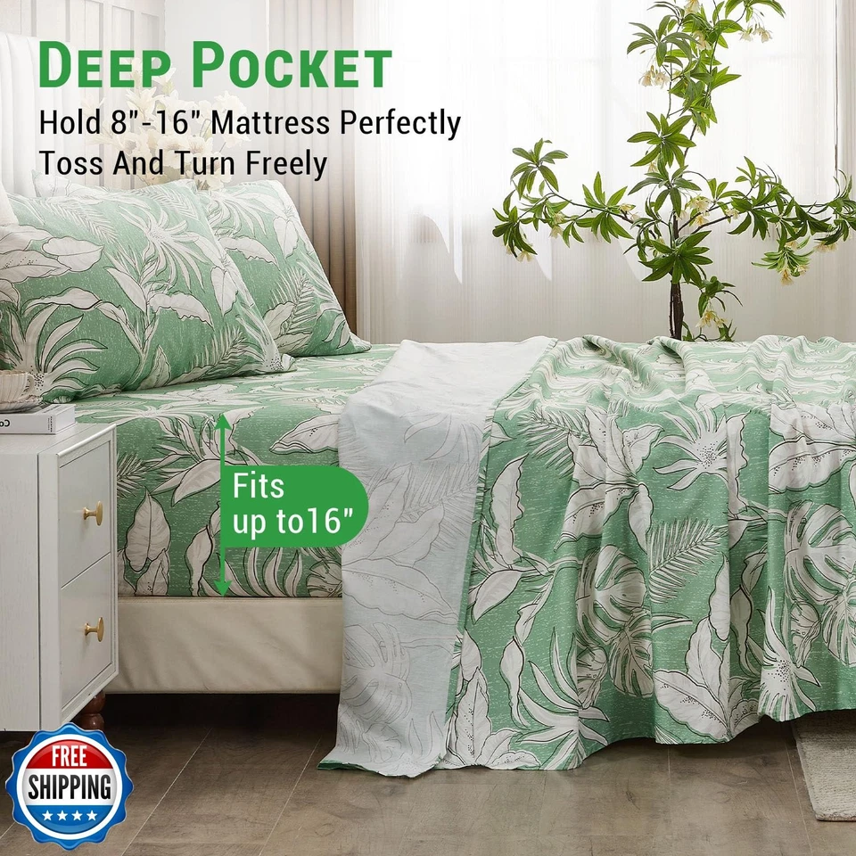 Juego de Sábanas Gogreen 100% Algodón Talla King, Verde Floral, Juego de 4 Piezas, Transpirable Be Foto 3 de 4