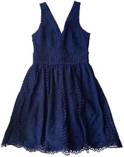 Alya Dress Womens X-Small Blue Fit and Flare Sleeveless V-Neck Lace Knee Length