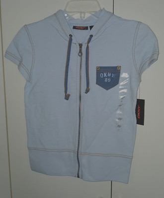 DKNY ACTIVE  LADIES PALE BLUE 100% COTTON SS HOODIE- S-NWT-$59-FRONT ZIP-CUTE
