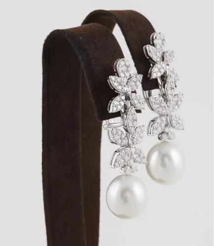 Round Pearl and Brilliant Cut Lab-Created Diamonds Leaf Design Drop Earrings Her - Picture 3 of 7
