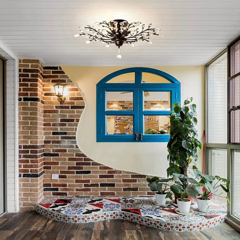 Lámpara de araña retro de 5 luces con ramas de metal, lámpara de techo de cristal Foto 3 de 4