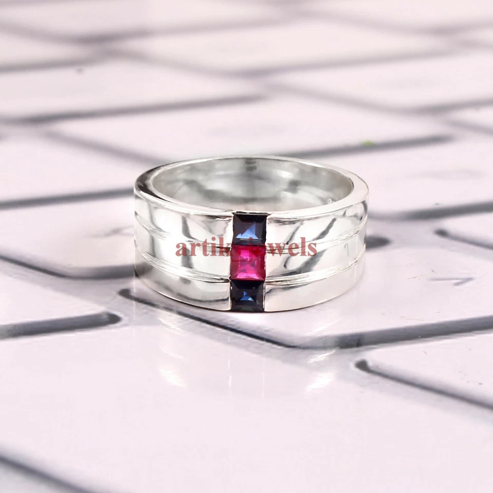 Heizbar Rubin & Saphir Edelstein Mit 925 Sterlingsilber Herren Ring #5834 - Bild 3 von 4