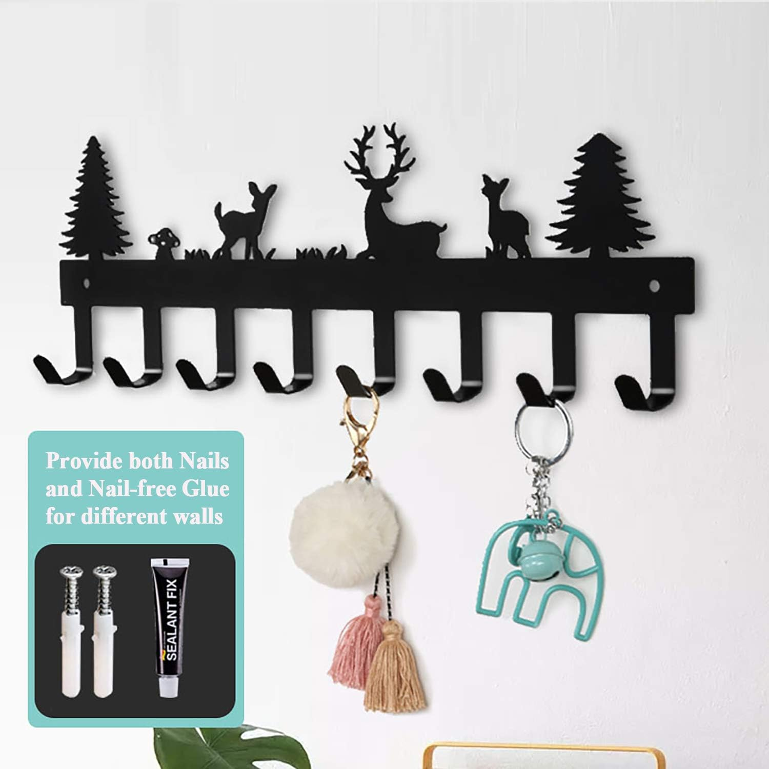 Key Holder Wall Mount Mal Key Hook Cute Forest Deer Key Hanger Adhesive Key Orga