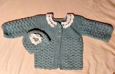 handmade crochet baby coat and hat to fit 12 to 18 monyhs sage green/white