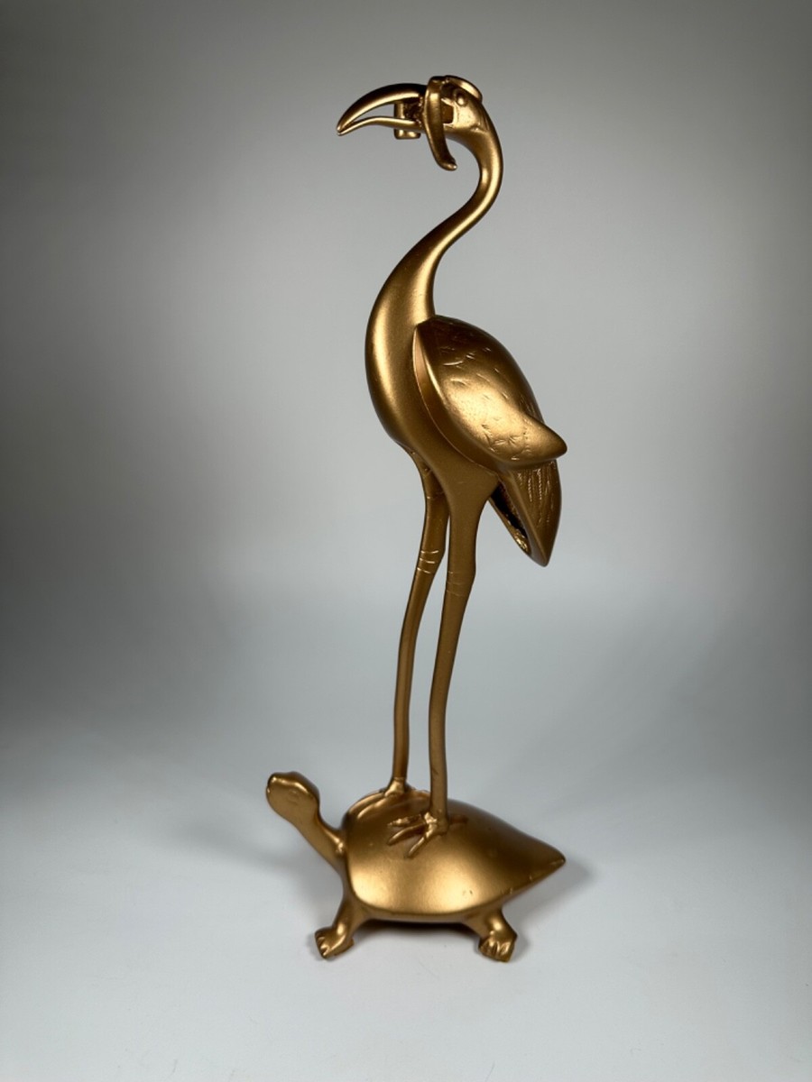 Vintage Crane Standing on Turtle Tortoise Longevity Gold Cast